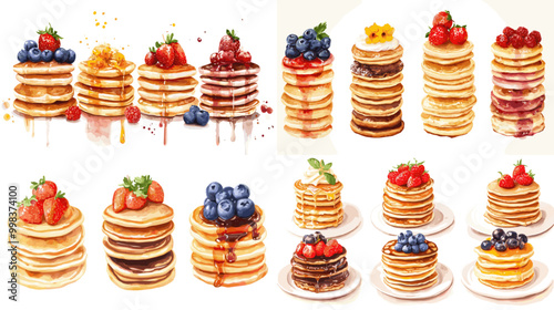 A series of pancakes with fruit toppings, including strawberries, blueberries, and raspberries