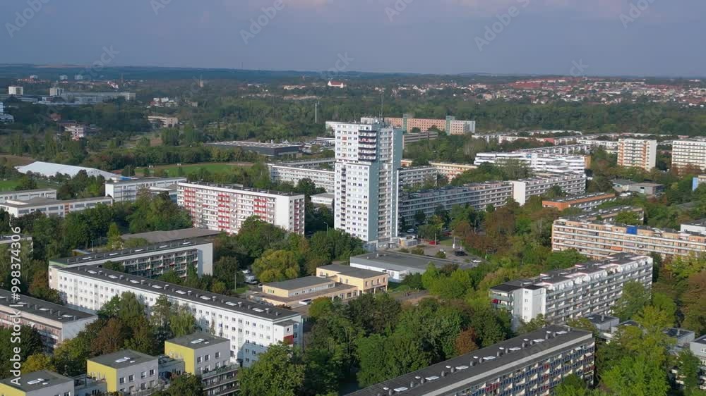 Halle Neustadt plattenbau buildings district. Unique aerial view flight drone
