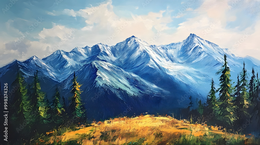 Fototapeta premium Snow-capped mountains rise above a lush green valley, their peaks piercing through a clear blue sky