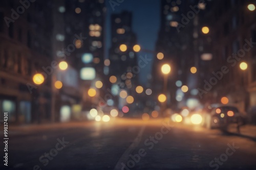 A blurry city street at night with lights from cars and street lamps