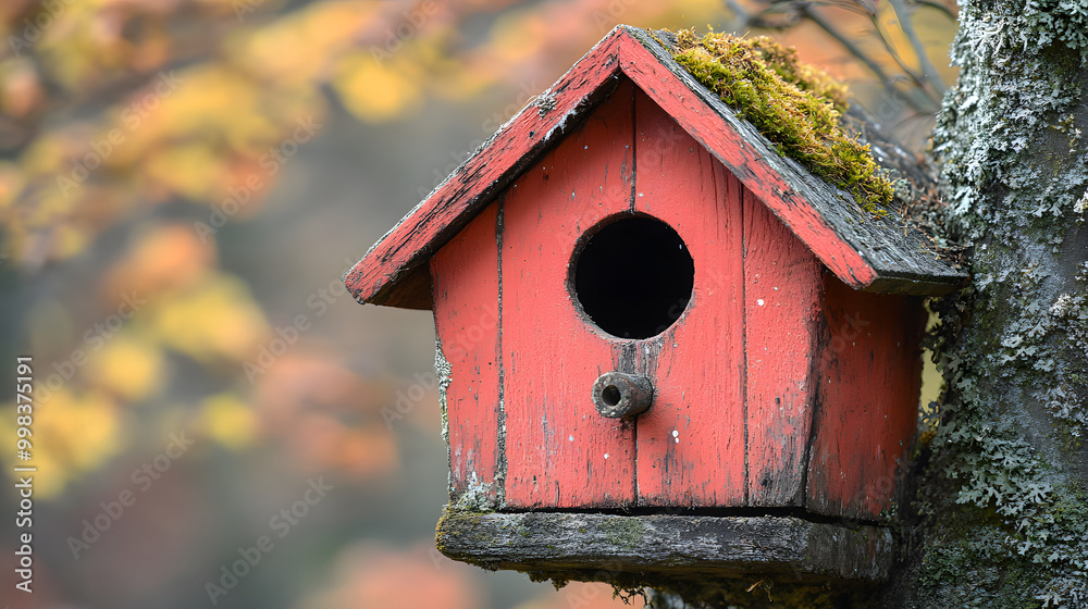 Red Wooden Birdhouse with Moss on Roof Against a Rustic Background
Red Wooden Birdhouse with Moss on Roof Against a Rustic Background