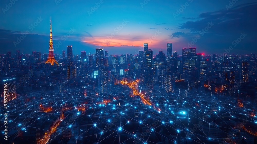 Fototapeta premium A modern cityscape with telecommunication networks, showing IoT, 5G, and smart city digital transformations.