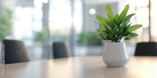 plant vase on wooden design table of a modern meeting room with blur office background