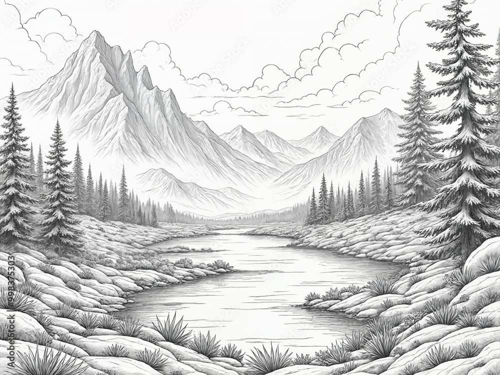 Fototapeta premium Pencil-art - line-art style landscape illustration.