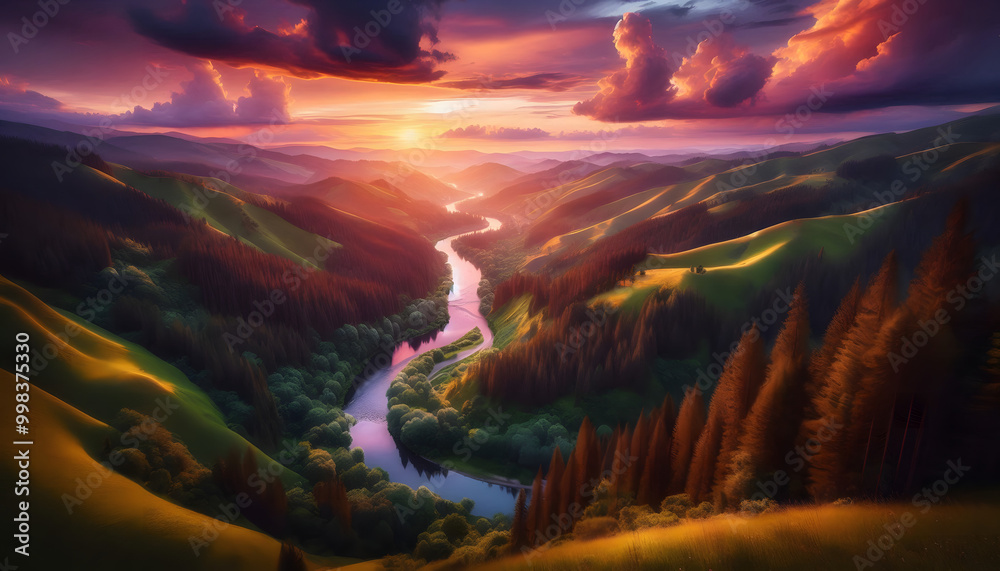 Fototapeta premium A tranquil sunset vista where the sun kisses the horizon, illuminating the river and hills.