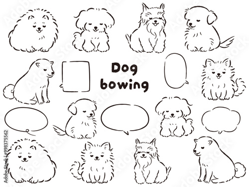おじぎをしている人気小型犬の手描きイラストセット（吹き出し付き）