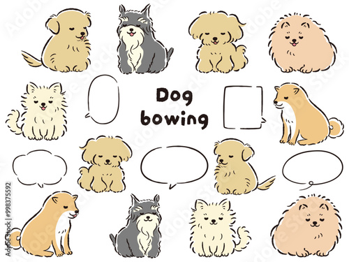 おじぎをしている人気小型犬の手描きイラストセット（吹き出し付き）