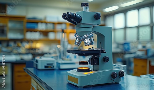 A modern microscope in a hospital laboratory, representing advanced medical technology.