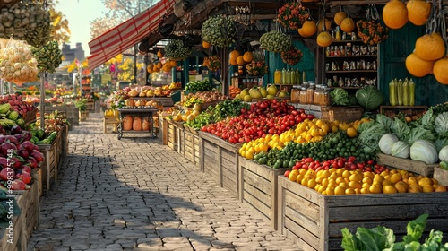 Vibrant farmers market showcasing fresh organic fruits and vegetables, Supporting local agriculture