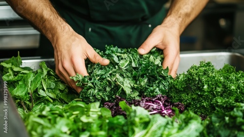 Hands Holding and Arranging Fresh Green Leafy Vegetables