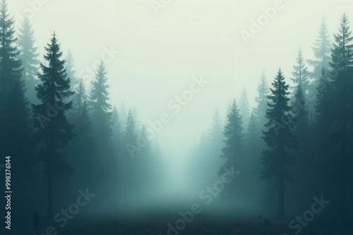 Mysterious foggy forest scene with tall pine trees at dawn