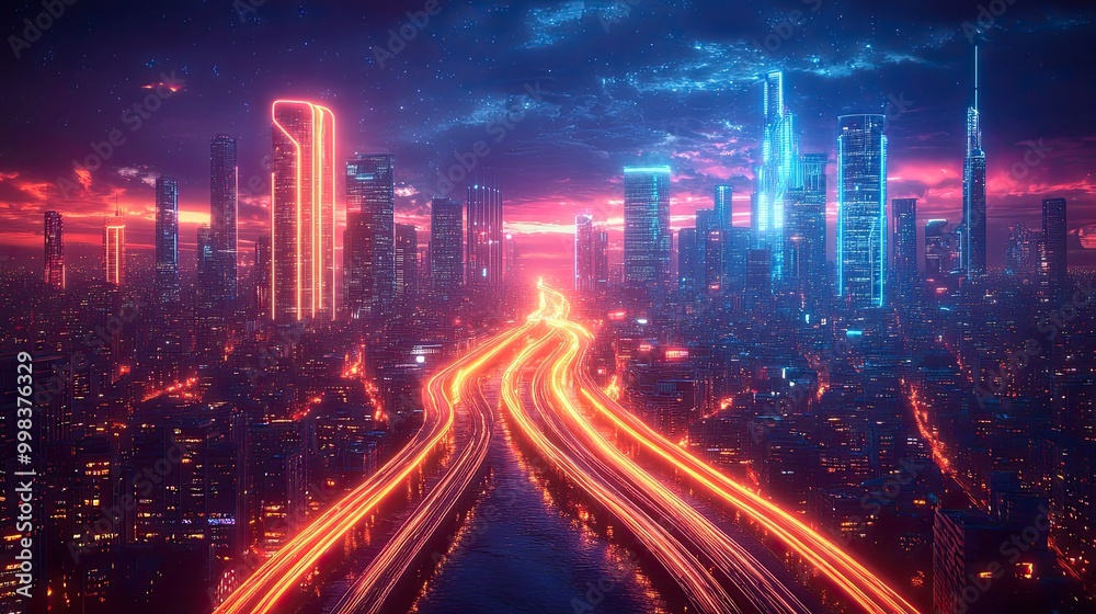 A neon-infused depiction of a futuristic mega city with modern towers, showcasing virtual reality and high-tech urban development. A neon-infused depiction of a futuristic mega city with modern towers, showcasing virtual reality and high-tech urban development.