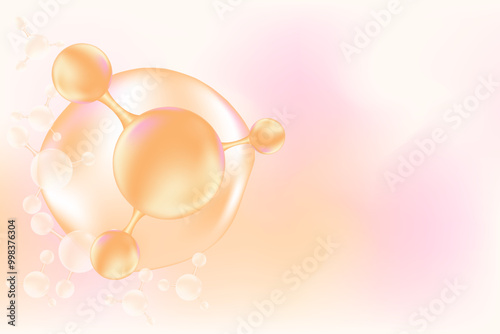 Nude beige, pink oil or collagen molecule formula, with light gold liquid particles, bubbles pattern. Hyaluronic acid serum chemical formula background with copy space. Beauty treatment nutrition.