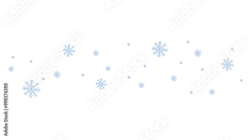 Blue snowflakes winter design element. Snowfall on transparent background. Frame decoration for Christmas card.	