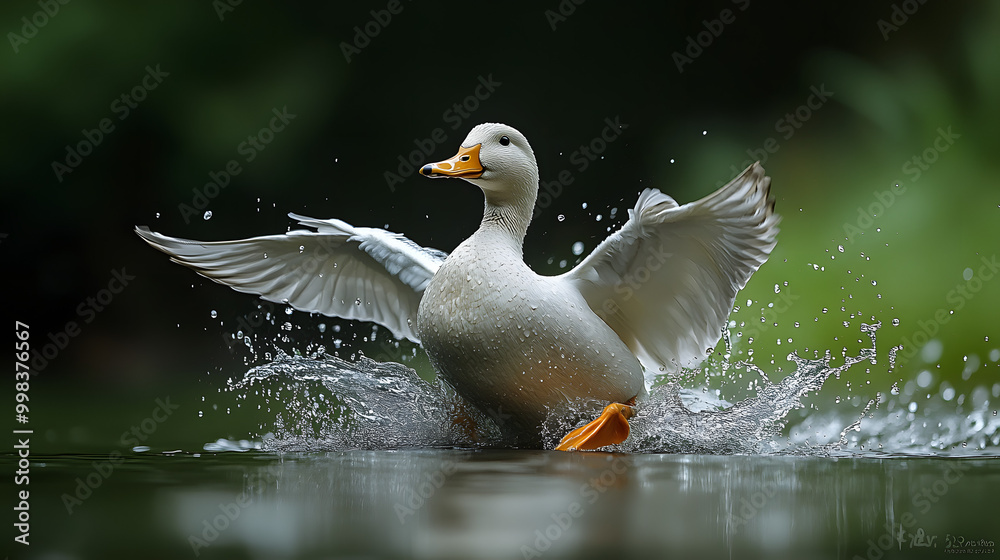 White Duck Takes Off from Water Splashing in Rain
White Duck Takes Off from Water Splashing in Rain
