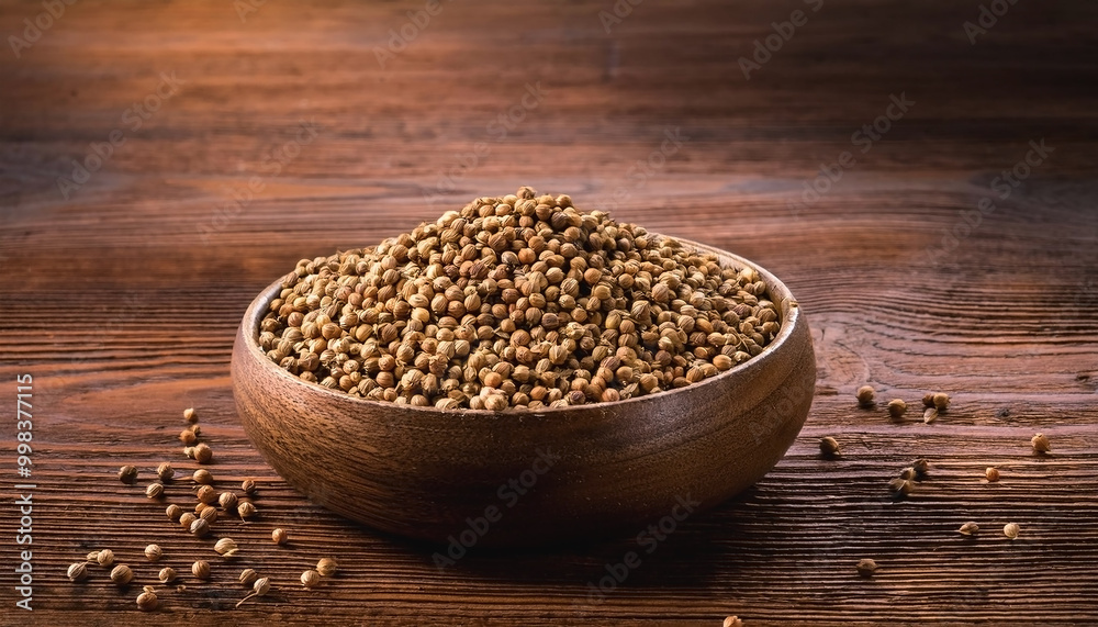 Coriander seeds isolated over wooden background Coriander seeds isolated over wooden background