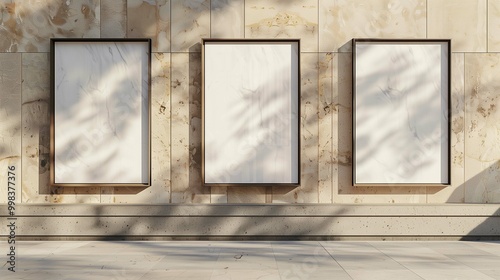 Drawings mockups with frames hanging on commercial building facade. Art works templates installed on city street advertising image. Lightboxes mock ups set product photorealistic