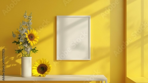 Photography mockup and sunflowers bouquet in room. Colorful summer home interior with picture template advertising image. Painting with frame mock up product photorealistic photo