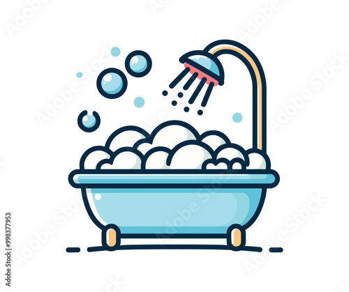 Cute bathtub with bubbles and shower head illustration for bathroom decor