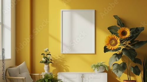 Composition with banner mockup and sunflowers at home. Minimalist house interior with poster template advertising image. Photo frame mock up on wall product photorealistic