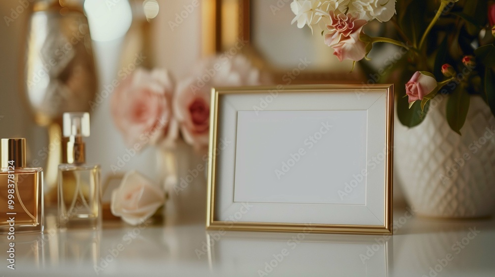Obraz premium Photo frame mockup and perfume bottles on dressing table. Picture template with cosmetic product advertising image. Glamorous lifestyle concept with poster mock up product photorealistic