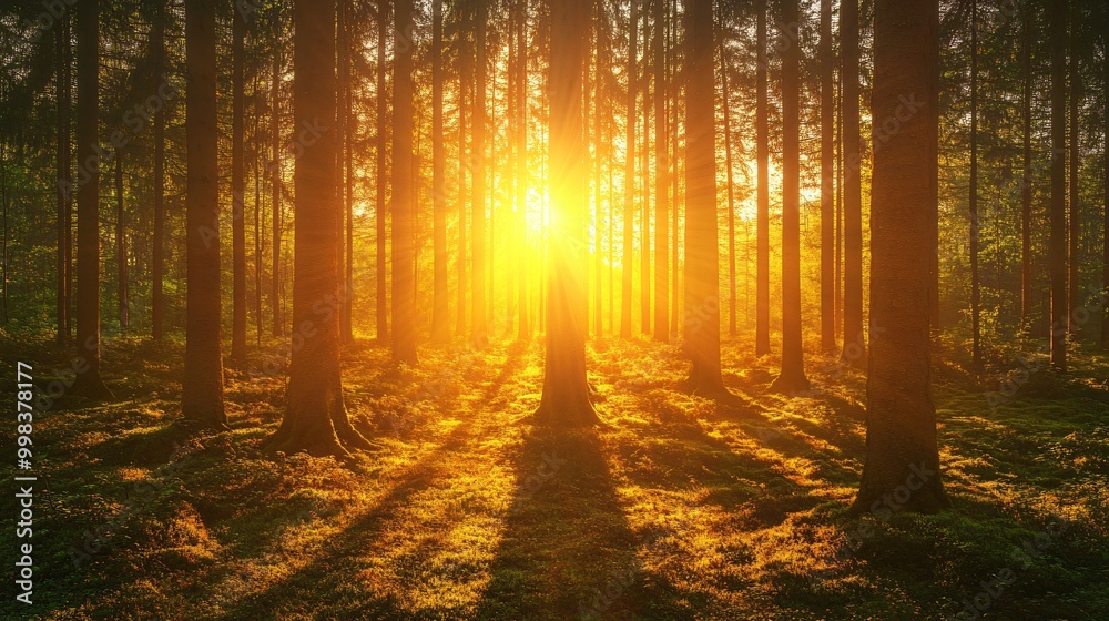 Fototapeta premium Golden rays of sunlight filtering through the trees in a dense forest.