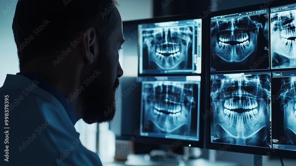 A dentist analyzing dental X-rays on a computer screen. AI generated image A dentist analyzing dental X-rays on a computer screen. AI generated image
