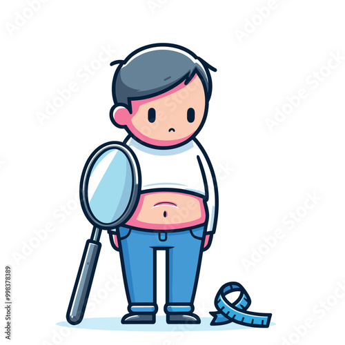 person examining belly with magnifying glass and measuring tape  health and body awareness concept