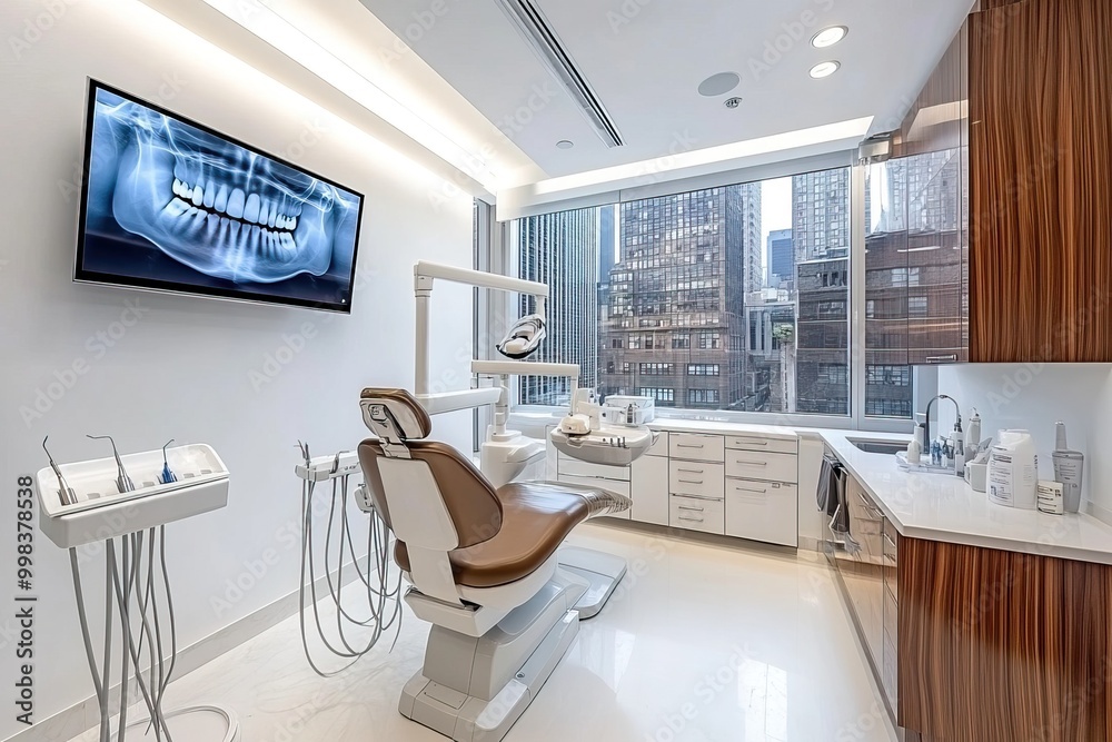 A modern dental clinic interior with a comfortable dental chair and equipment. AI generated image A modern dental clinic interior with a comfortable dental chair and equipment. AI generated image