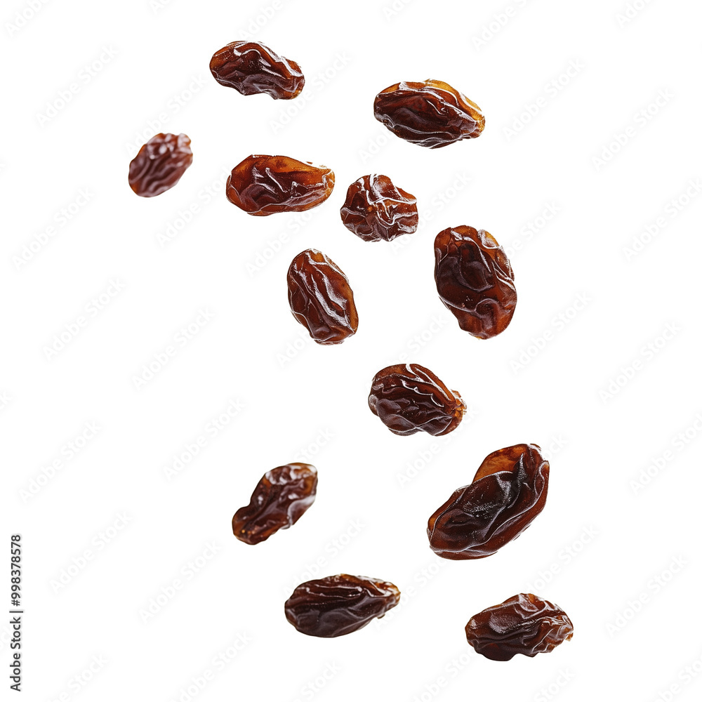 Falling Raisin, Close-up Full Depth View of Dried Grape Fruits Isolated on Transparent Background Falling Raisin, Close-up Full Depth View of Dried Grape Fruits Isolated on Transparent Background