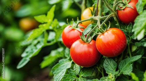 sunny garden, a tomato plant shows off its healthy green leaves and clusters of ripe tomatoes