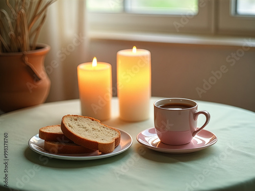 Table with a plate of bread, a cup of coffee, and two candles