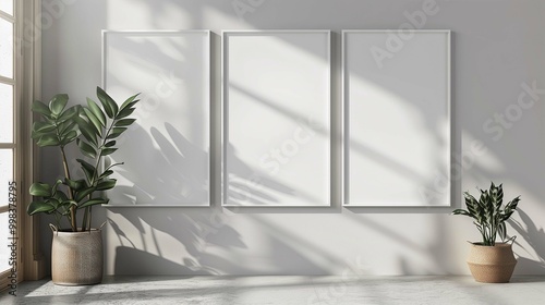 Triptych canvas mockup hanging on wall between houseplants. Minimalist office interior with posters templates advertising image. Decorative pictures mock ups product photorealistic