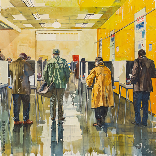 people in the subway station, drawing by oil and watercolors photo