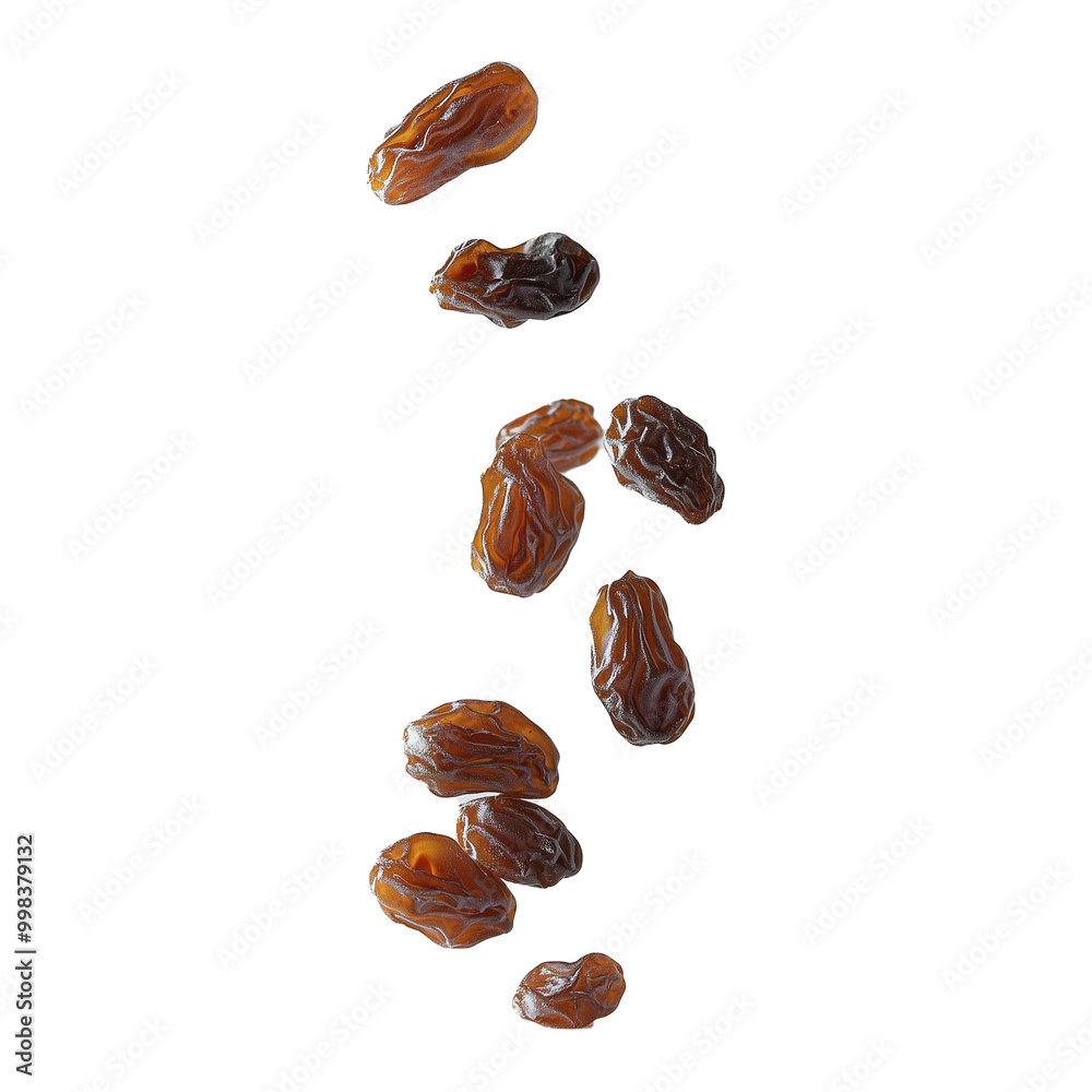 Obraz premium Falling Raisin, Close-up Full Depth View of Dried Grape Fruits Isolated on Transparent Background
