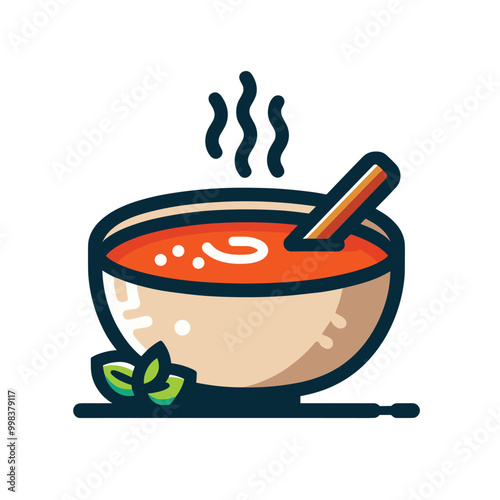 Vector illustration of a steaming bowl of soup with mint leaf and wooden spoon