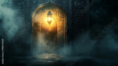 An Islamic Ramadan background with an open lantern illuminating the dark room, creating light rays that subtly form into arabesque patterns on the archway and door frame