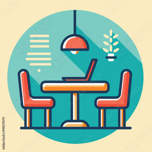 Modern workspace illustration with laptop, chairs, and pendant lamp in colorful flat design