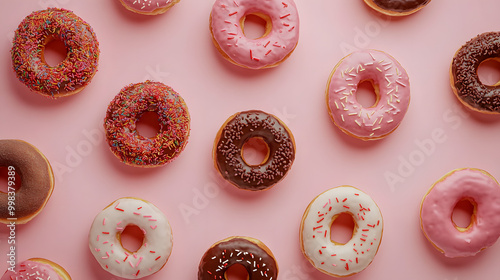 Isolated fresh donut with white icing sugar and colorful sprinkles on a white background photo