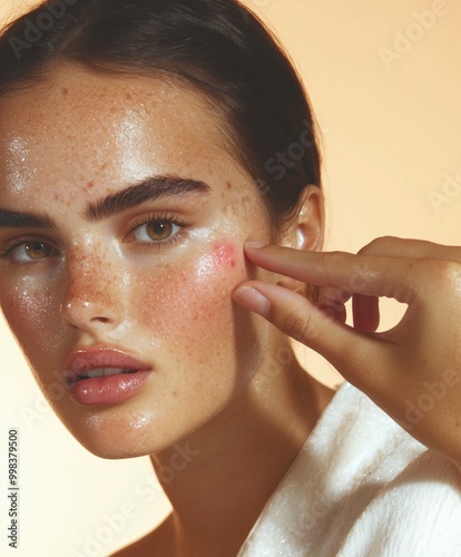 Face of a woman with red pimples cheeks, wants to squeeze out a large inflammation on the skin. Close-up of a teenage girl problem skin, care and beauty concept. Dermatology, cosmetology.