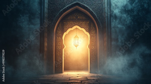 An Islamic Ramadan background with an open lantern illuminating the dark room, creating light rays that subtly form into arabesque patterns on the archway and door frame