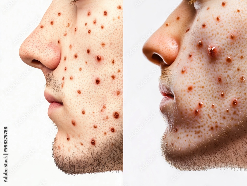 Faces of a young male before and after treatment for facial acne on a ...