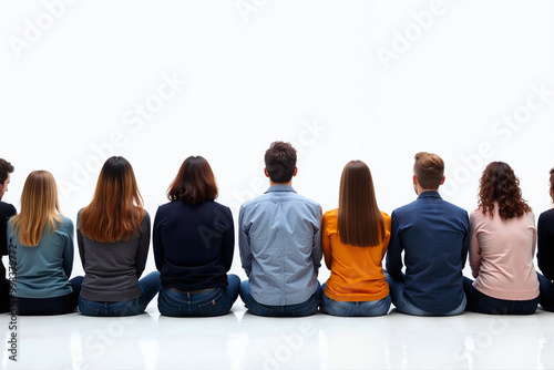 People sitting cross legged in a row on the floor, back facing, looking front, paying attention. Isolated on white background. Concept team building exercise, sit-in protest, in solidarity, united.