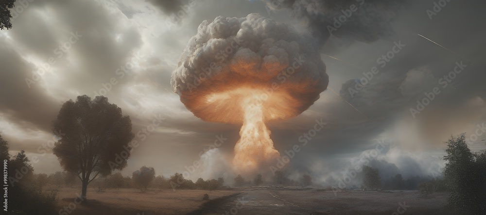 Nuclear explosion of an atom bomb with a mushroom cloud causing an ...