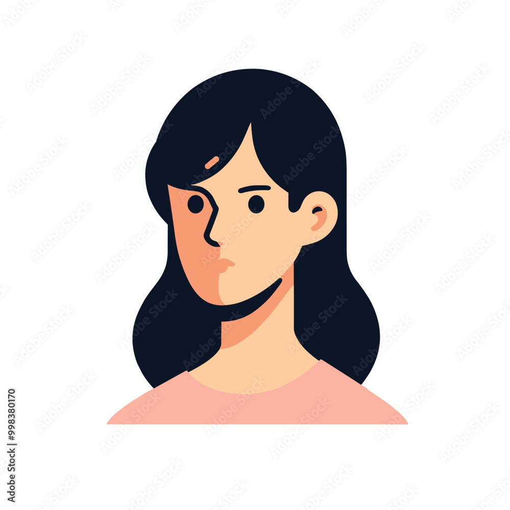 Minimalist vector illustration of woman with dark hair in pink shirt on white background Minimalist vector illustration of woman with dark hair in pink shirt on white background