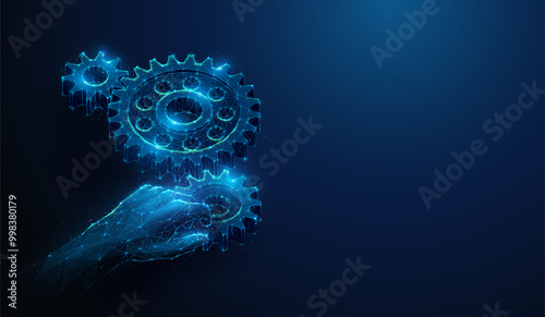 Abstract illustration of hand installing gear to gearbox in low poly style. Blue geometric background depicting mechanical technology machine engineering concept by wireframe connection structure