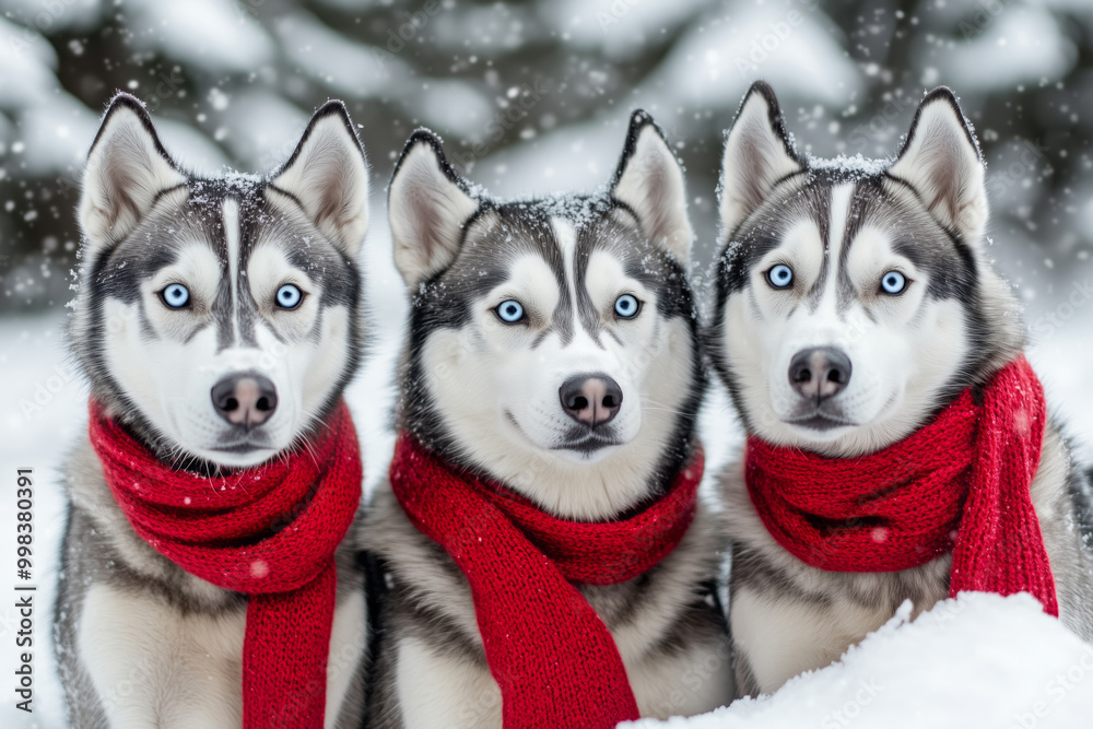 Husky dogs in the winter forest surrounded by snowdrifts and snow-covered trees