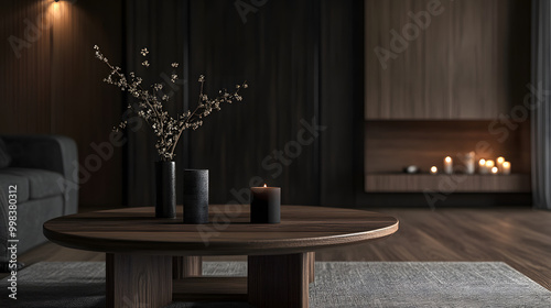 Minimalist Home Elegance, sleek hardwood furniture, simple composition, cozy interior, dark backdrop, modern aesthetic, one color focus