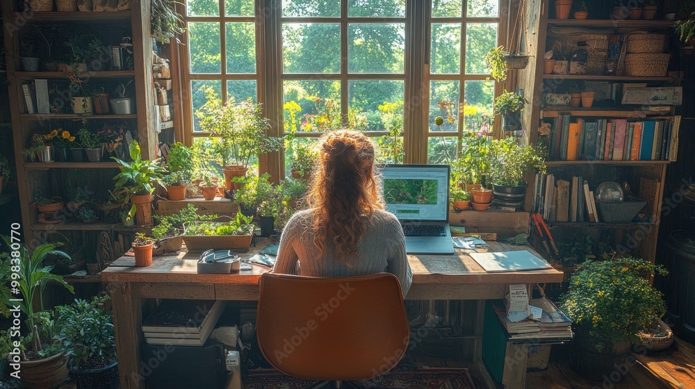 Woman Working at a Desk by a Window with Plants Woman Working at a Desk by a Window with Plants