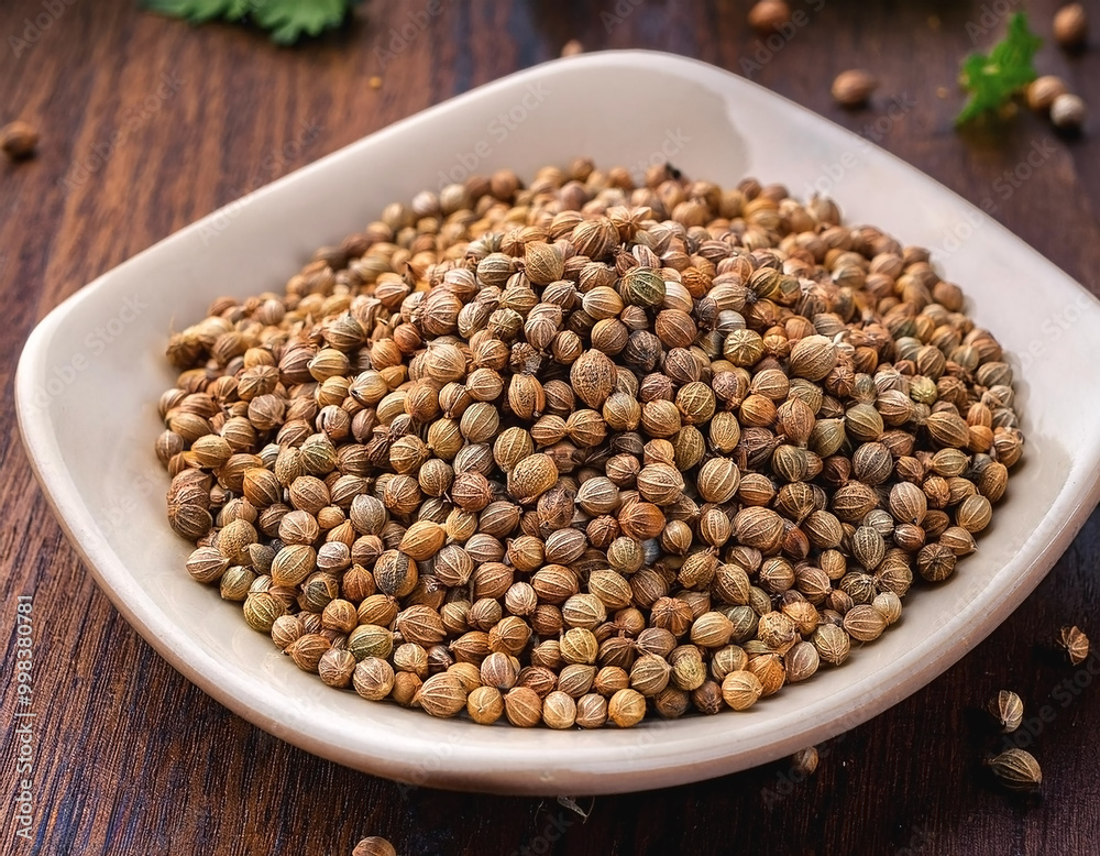 Coriander seeds isolated over wooden background Coriander seeds isolated over wooden background